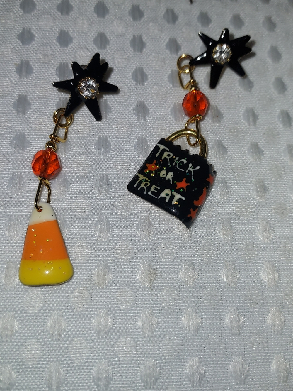 Lunch At  The Ritz Halloween Candy Corn and Trick-or-Treat Dangle Earrings
